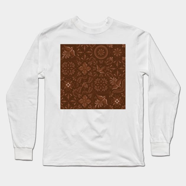 Mexican Brown Talavera Tile Pattern by Akbaly Long Sleeve T-Shirt by Akbaly